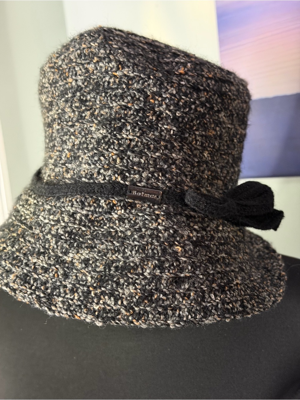 Bouclé Cloche Hat with Bow Trim in Black and Gray - Picture 3 of 3